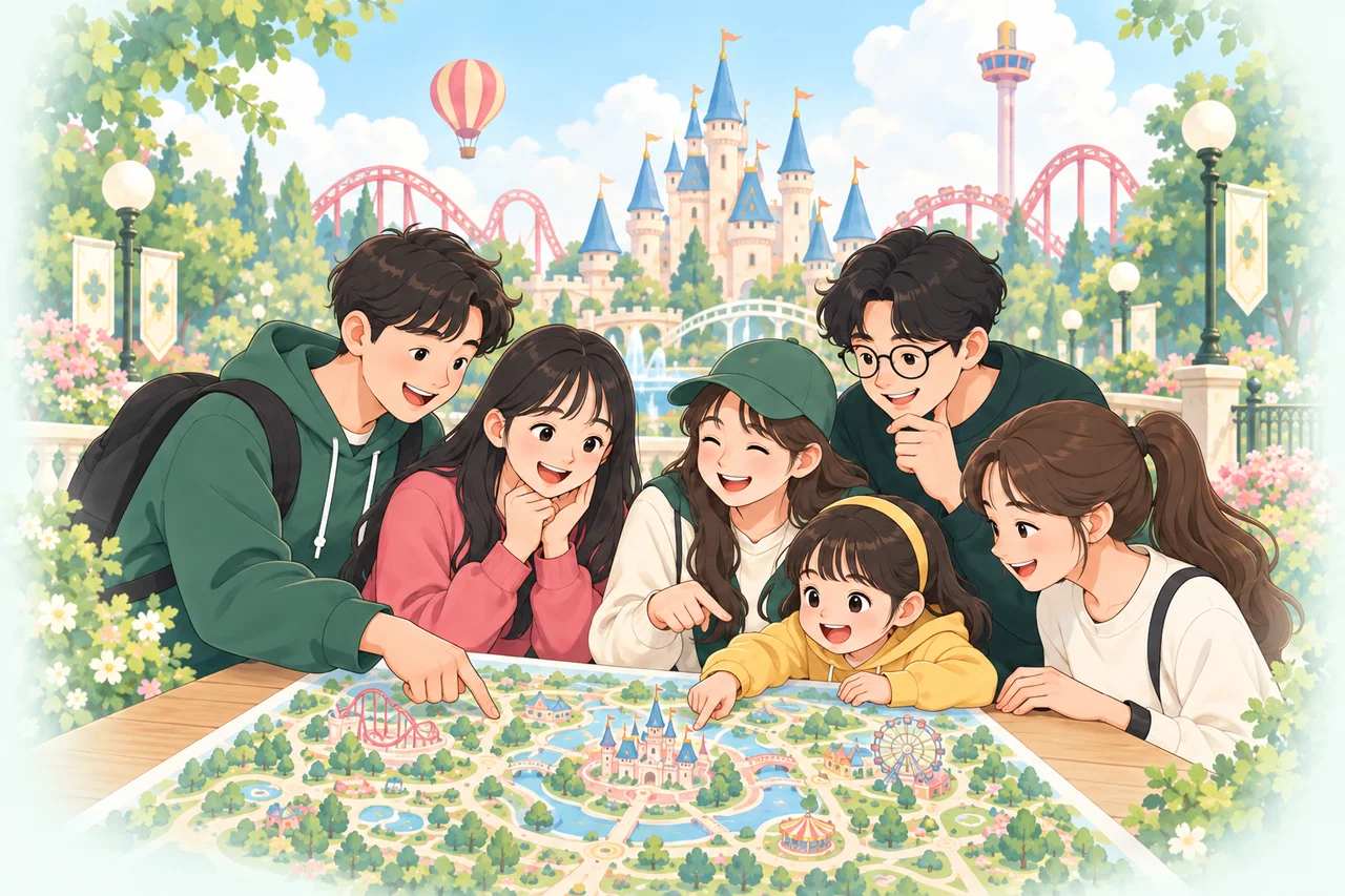가족, 친구, 동료가 놀이공원 지도를 함께 보며 즐거운 하루를 계획하는 일러스트